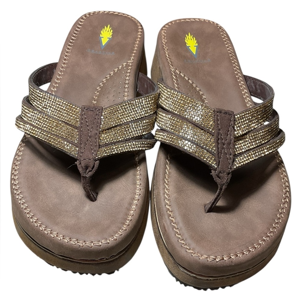 Volatile Wedge Rhinestone Brown and Gold Strappy Sandals Women's Size 10